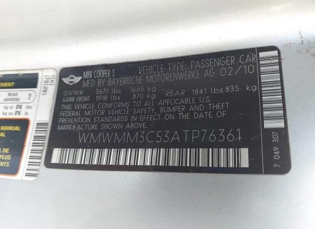 WMWMM3C53ATP76361 2010 2010 Mini Cooper S Clubman 9