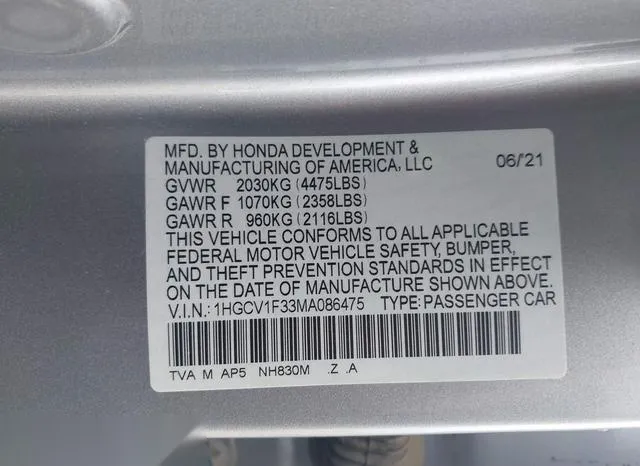 1HGCV1F33MA086475 2021 2021 Honda Accord- Sport 9