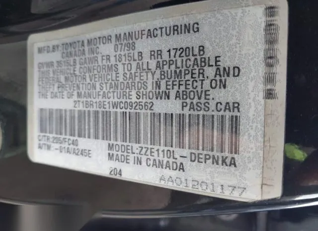 2T1BR18E1WC092562 1998 1998 Toyota Corolla- LE 9