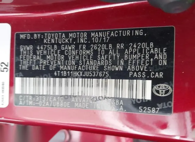 4T1B11HKXJU537675 2018 2018 Toyota Camry- SE 9