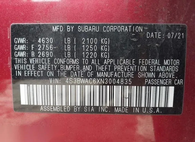 4S3BWAC6XN3004835 2022 2022 Subaru Legacy- Premium 9