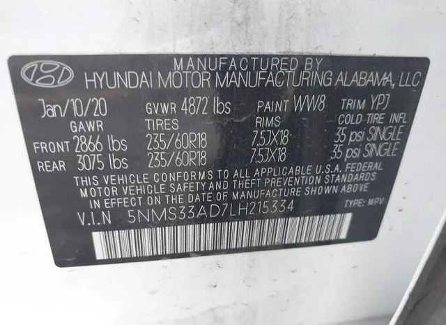 5NMS33AD7LH215334 2020 2020 Hyundai Santa Fe- Sel 9