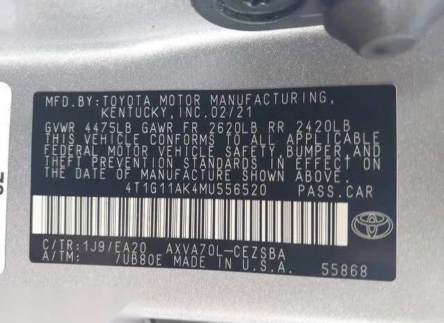 4T1G11AK4MU556520 2021 2021 Toyota Camry- SE 9