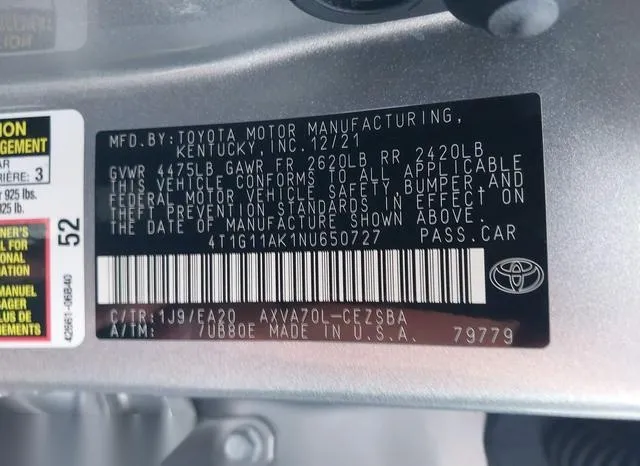 4T1G11AK1NU650727 2022 2022 Toyota Camry- SE 9