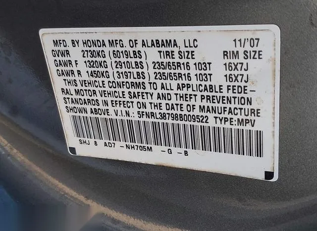 5FNRL38798B009522 2008 2008 Honda Odyssey- Ex-L 9