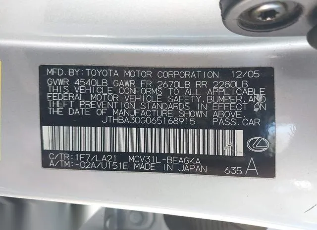 JTHBA30G065168915 2006 2006 Lexus ES- 330 9