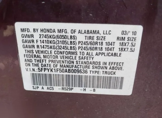 5FPYK1F50AB009636 2010 2010 Honda Ridgeline- Rtl 9