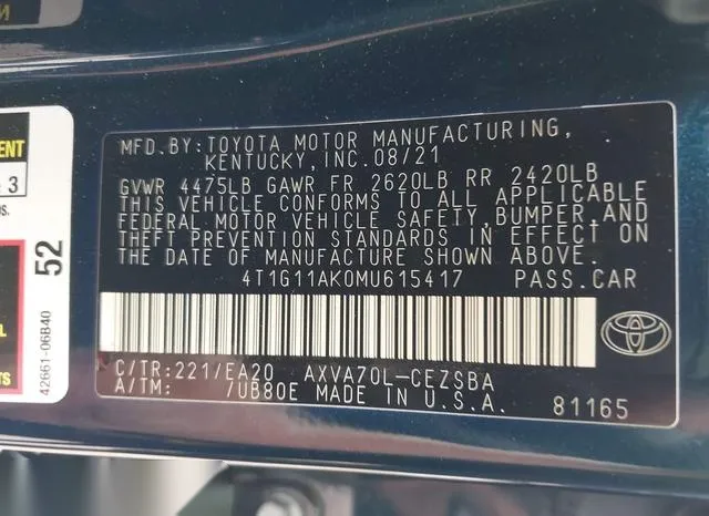 4T1G11AK0MU615417 2021 2021 Toyota Camry- SE 9