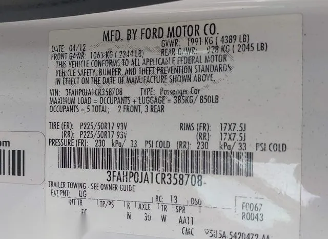 3FAHP0JA1CR358708 2012 2012 Ford Fusion- Sel 9