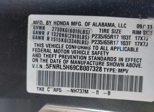 5FNRL5H69CB007328 2012 2012 Honda Odyssey- Ex-L 9