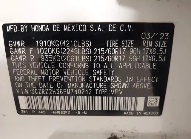 3CZRZ2H36PM740242 2023 2023 Honda HR-V- Awd Lx 9