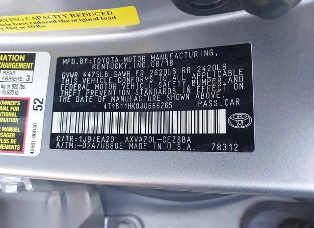 4T1B11HK0JU666265 2018 2018 Toyota Camry- SE 9