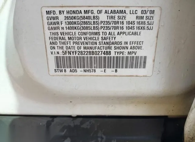 5FNYF28228B027488 2008 2008 Honda Pilot- VP 9