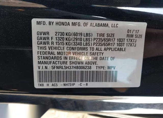 5FNRL5H37HB006238 2017 2017 Honda Odyssey- SE 9