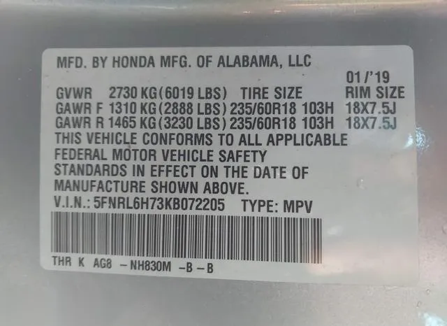 5FNRL6H73KB072205 2019 2019 Honda Odyssey- Ex-L 9