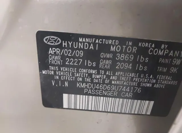 KMHDU46D69U744176 2009 2009 Hyundai Elantra- Gls 9