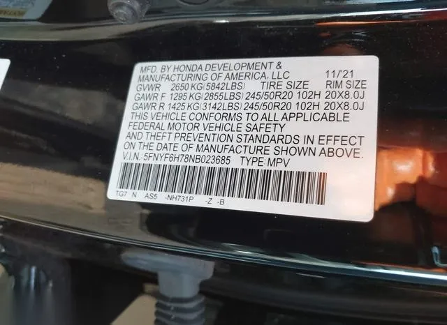 5FNYF6H78NB023685 2022 2022 Honda Pilot- Awd Black Edition 9