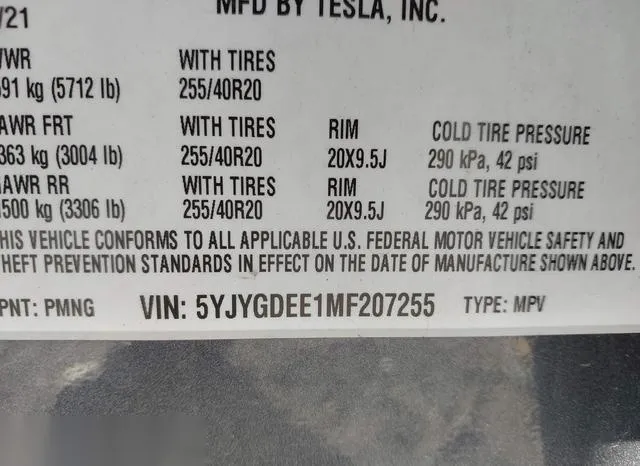 5YJYGDEE1MF207255 2021 2021 Tesla Model Y- Long Range Dual 9