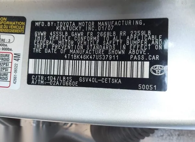 4T1BK46K47U537911 2007 2007 Toyota Camry- Se V6 9