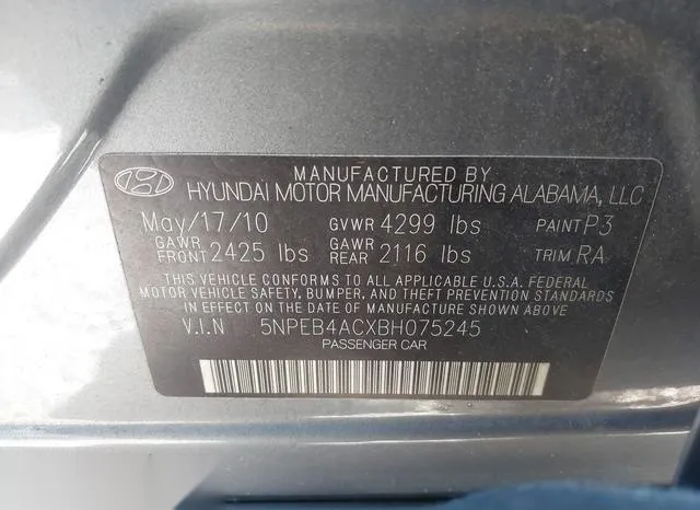 5NPEB4ACXBH075245 2011 2011 Hyundai Sonata- Gls 9