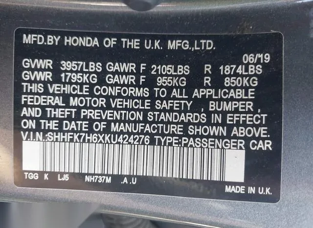 SHHFK7H6XKU424276 2019 2019 Honda Civic- EX 9