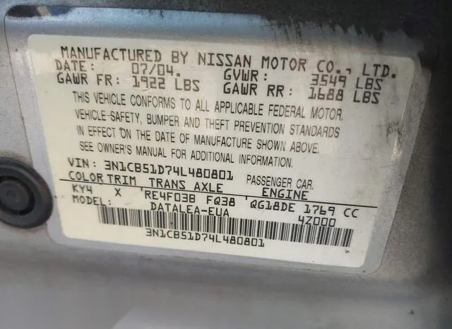 3N1CB51D74L480801 2004 2004 Nissan Sentra- 1-8S 9