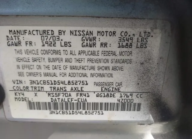 3N1CB51D54L852751 2004 2004 Nissan Sentra- 1-8S 9