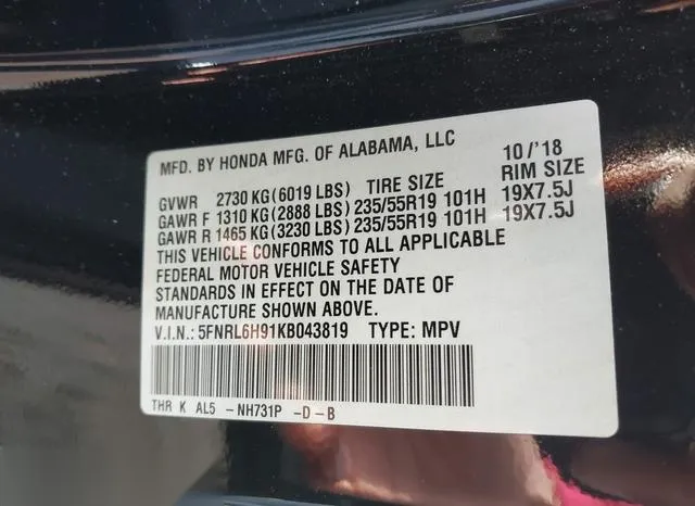 5FNRL6H91KB043819 2019 2019 Honda Odyssey- Elite 9