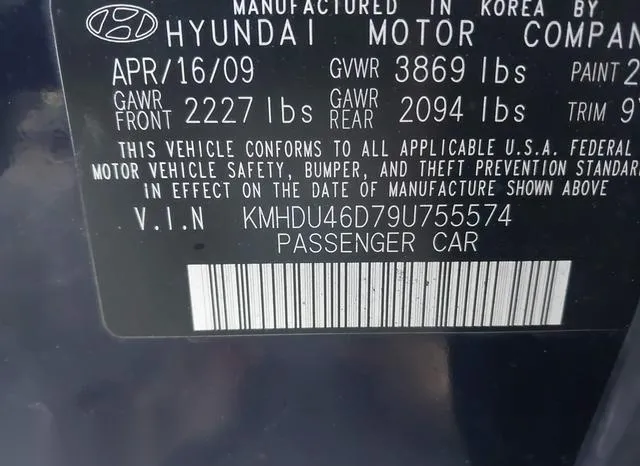 KMHDU46D79U755574 2009 2009 Hyundai Elantra- Gls 9