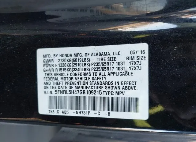 5FNRL5H47GB109215 2016 2016 Honda Odyssey- EX 9