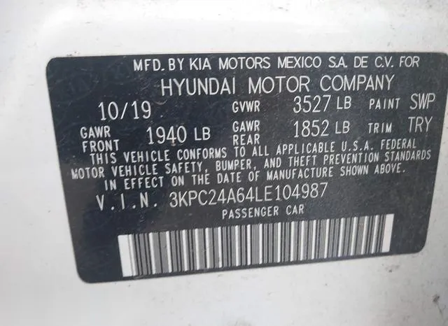 3KPC24A64LE104987 2020 2020 Hyundai Accent- SE 9