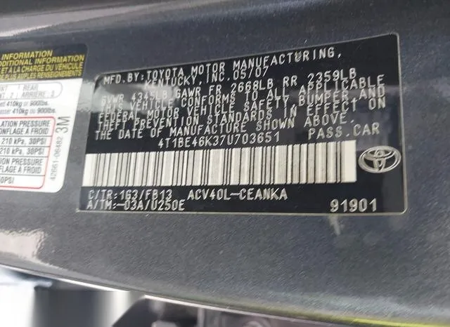 4T1BE46K37U703651 2007 2007 Toyota Camry- LE 9