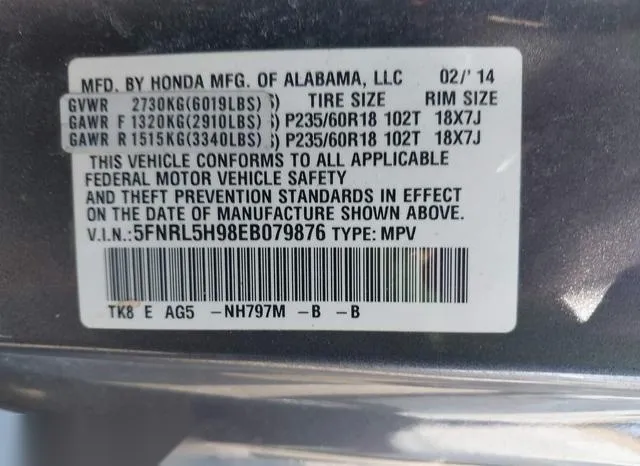 5FNRL5H98EB079876 2014 2014 Honda Odyssey- Touring/Touring 9