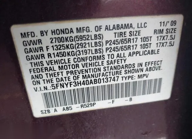 5FNYF3H40AB013747 2010 2010 Honda Pilot- EX 9