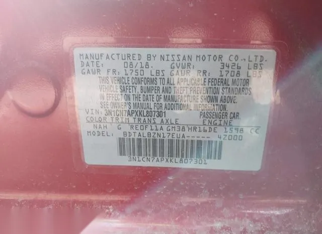 3N1CN7APXKL807301 2019 2019 Nissan Versa- 1-6 SV 9