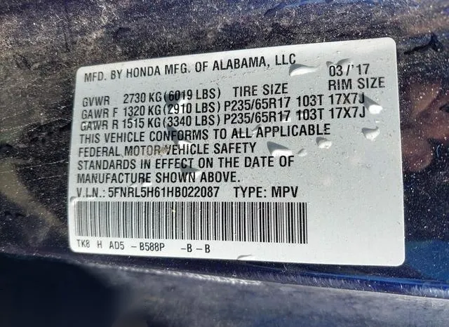 5FNRL5H61HB022087 2017 2017 Honda Odyssey- Ex-L 9