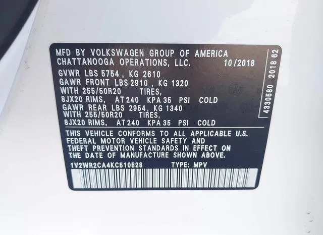 1V2WR2CA4KC510528 2019 2019 Volkswagen Atlas- 3-6L V6 Se W/ 9