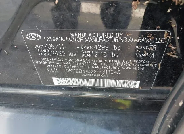 5NPEB4AC0CH311645 2012 2012 Hyundai Sonata- Gls 9