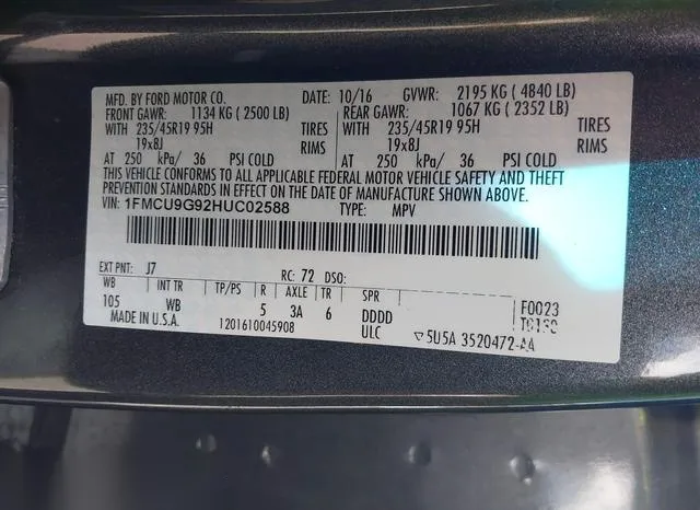 1FMCU9G92HUC02588 2017 2017 Ford Escape- SE 9