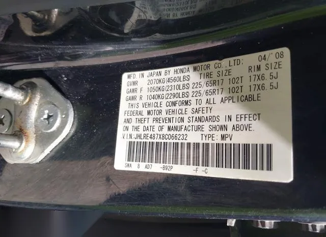 JHLRE487X8C066232 2008 2008 Honda CR-V- Ex-L 9