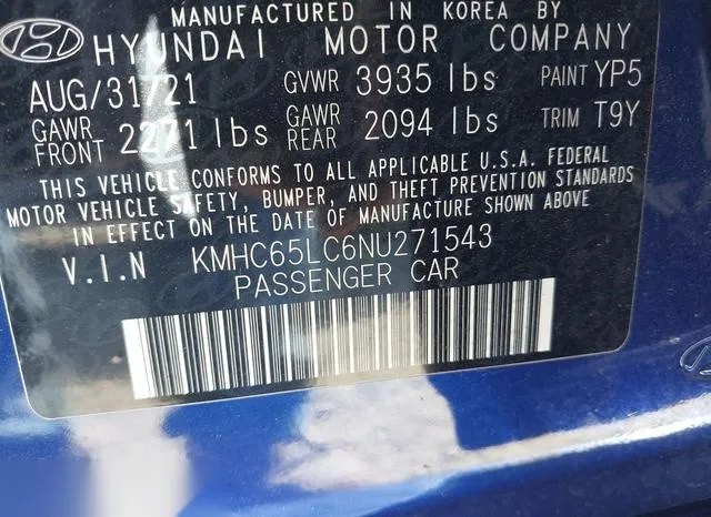 KMHC65LC6NU271543 2022 2022 Hyundai Ioniq- Hybrid Blue 9