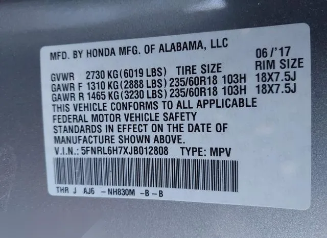 5FNRL6H7XJB012808 2018 2018 Honda Odyssey- Ex-L 9