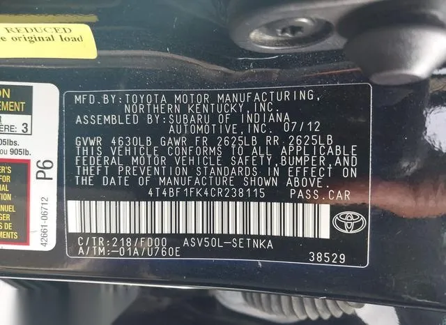 4T4BF1FK4CR238115 2012 2012 Toyota Camry- LE 9