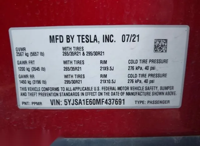 5YJSA1E60MF437691 2021 2021 Tesla Model S- Plaid Tri Motor 9