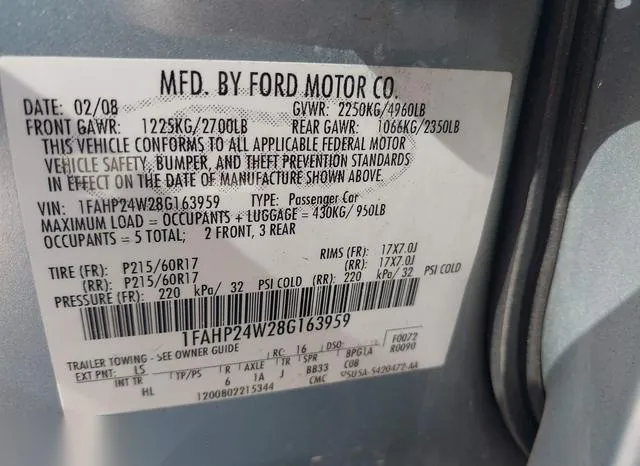 1FAHP24W2XB163959 2008 2008 Ford Taurus 9