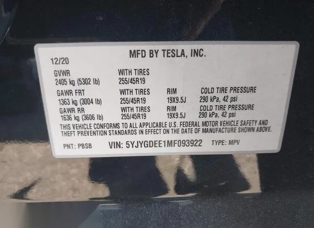 5YJYGDEE1MF093922 2021 2021 Tesla Model Y- Long Range Dual 9