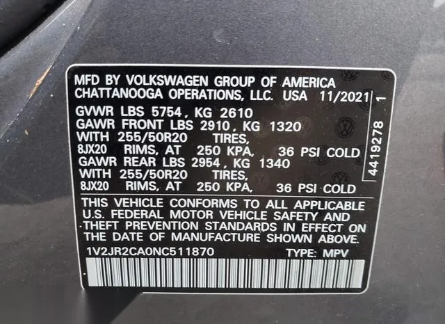 1V2JR2CA0NC511870 2022 2022 Volkswagen Atlas- 3-6L V6 Se W/ 9