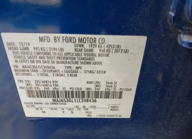 MAJ6S3GL1LC348436 2020 2020 Ford Ecosport- SE 9