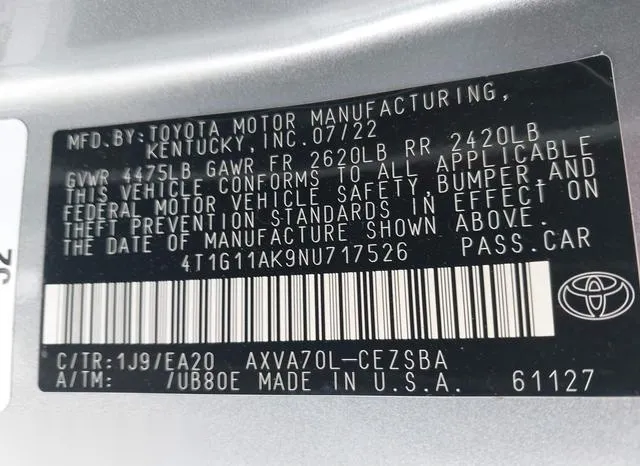 4T1G11AK9NU717526 2022 2022 Toyota Camry- SE 9