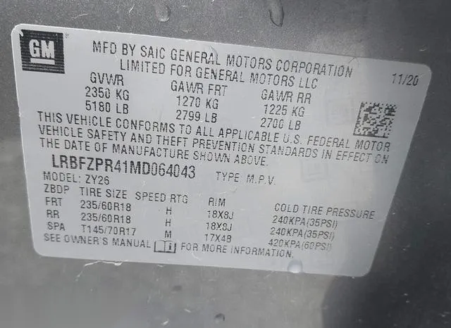 LRBFZPR41MD064043 2021 2021 Buick Envision- Awd Essence 9